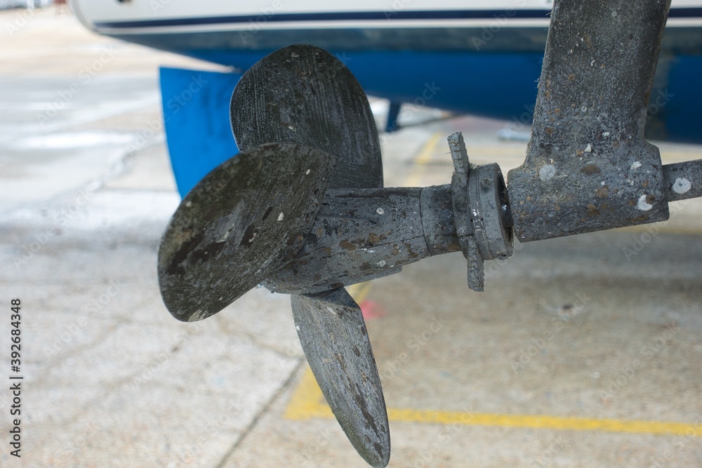 The propeller of a sailing yacht with three blades and a rope cutter