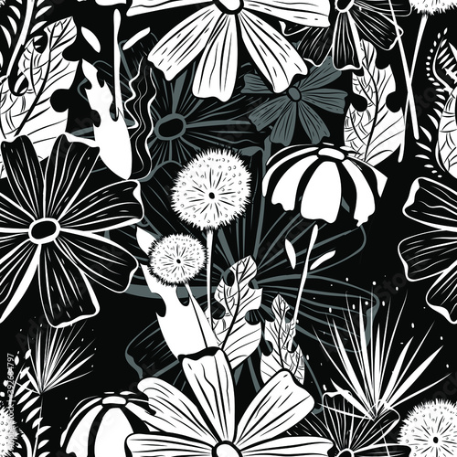 Floral background. Wildflowers, leaves, stems on a black background. Summer vector endless illustration.