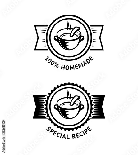 Vintage style logo with soup bowl isolated on white background. Vector badge for homemade and special food recipe, perfect for menu and packaging design