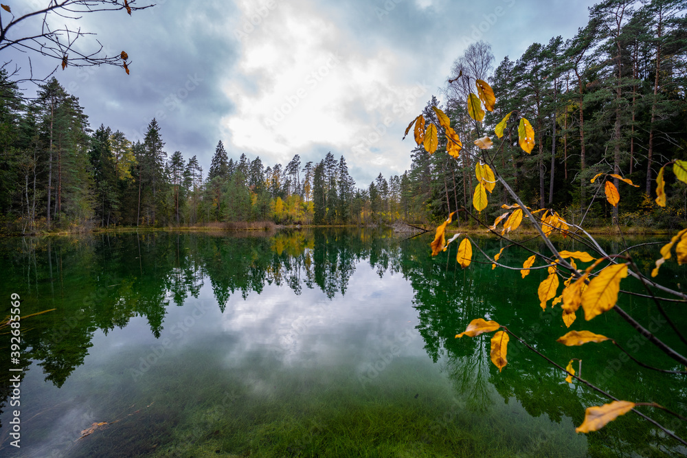 Beautiful blue lake in woods. autumn landscape.
