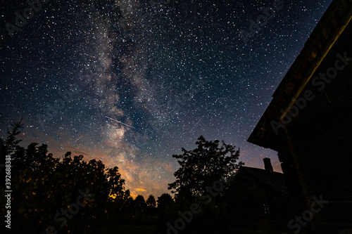 Overhead milky way with stars in clear summer night. Country side. 