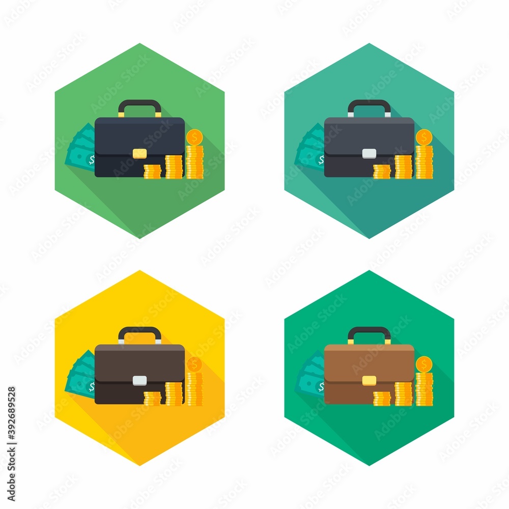 Briefcase, Dollar money cash icon, Gold coin stack icon vector isolated.