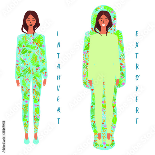 Flat vector cartoon illustration of an extrovert and introvert. The concept of extroversion and introversion - two girls with an abstract image of emotions in the form of flowers inside and outside. 