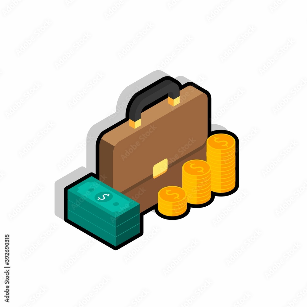 Briefcase, Dollar money cash icon, Gold coin stack right view Black Stroke and Shadow icon vector isometric. Briefcase, Dollar money cash icon, Gold coin stack right view Black Stroke and Shadow icon vector isometric.
