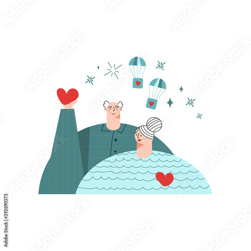 Charity volunteering concept Active seniors volunteers flat vector illustration
