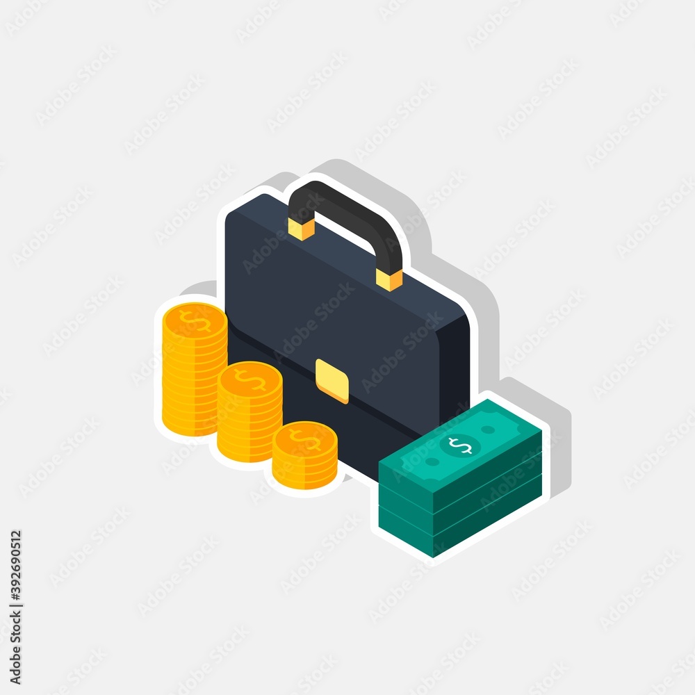 Briefcase, Dollar money cash icon, Gold coin stack left view White Stroke and Shadow icon vector isometric. Briefcase, Dollar money cash icon, Gold coin stack left view White Stroke and Shadow icon vector isometric.