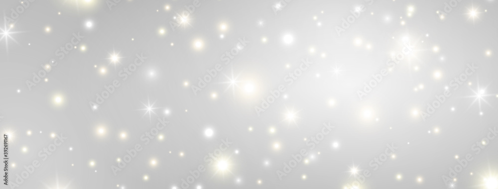 Glitter lights effect long banner. Magic dust particles. Christmas design. Bright golden and white sparkles on grey background. Shining stars composition. Sun flash. Vector illustration