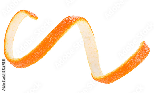 Thin skin of orange isolated on white background. Citron. Spiral of orange fruit.
