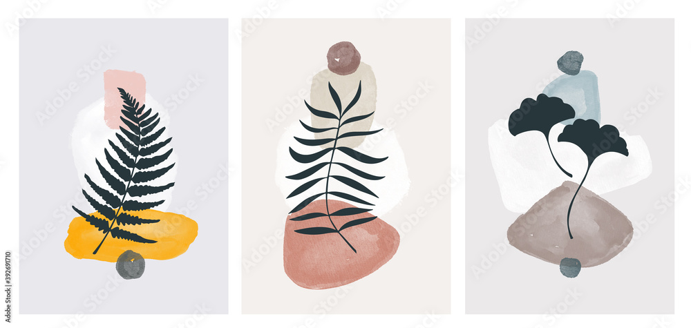 botanical illustration art wall poster design vector. vector graphics of tropical plants with minimalistic creative shapes on background. abstract silhouettes of indoor plants