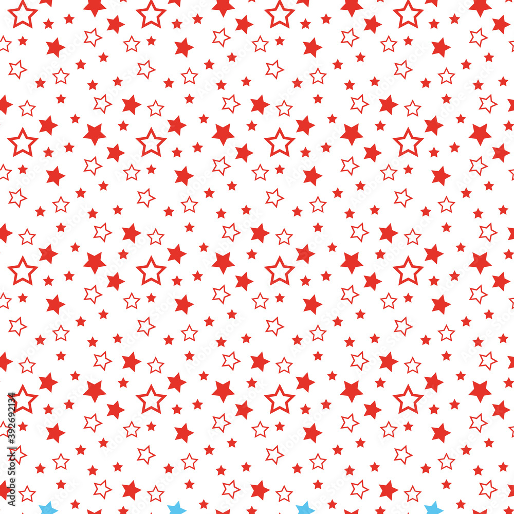 Seamless pattern with red hearts and black stars on white background. Vector illustration