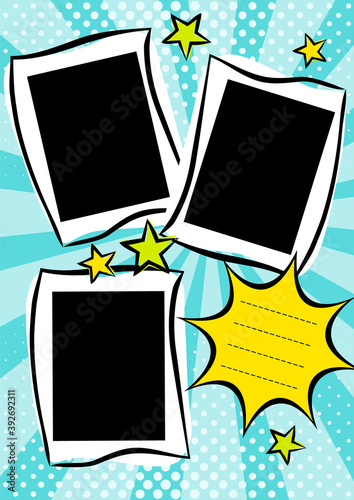 Children's photo book in pop art style. Bright page of three photos for a photo album. Template for the design of frames for photographs, posters, cards, stickers. Vector illustration.