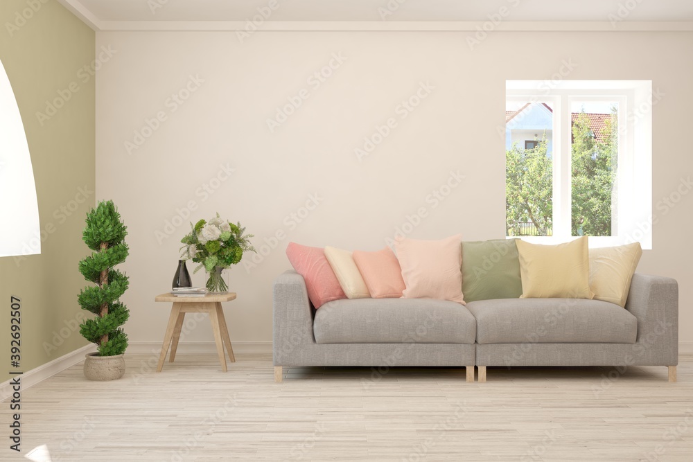 Fototapeta premium White living room with sofa. Scandinavian interior design. 3D illustration