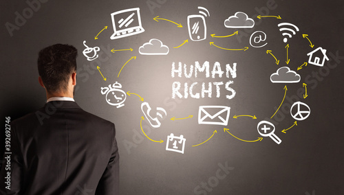 businessman drawing social media icons with HUMAN RIGHTS inscription, new media concept