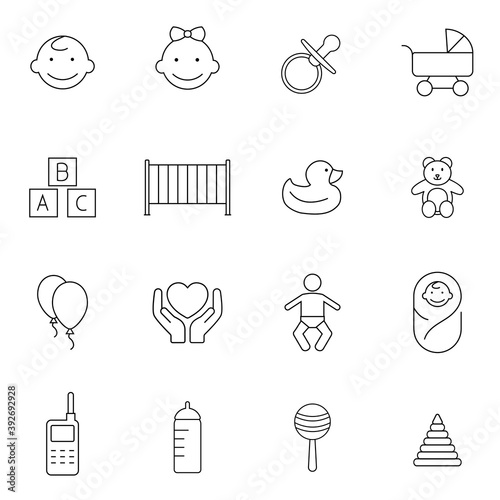 Flat Line Icons For Baby Icons and Toys Icons. Vector graphic illustration. Web design, mobile app.