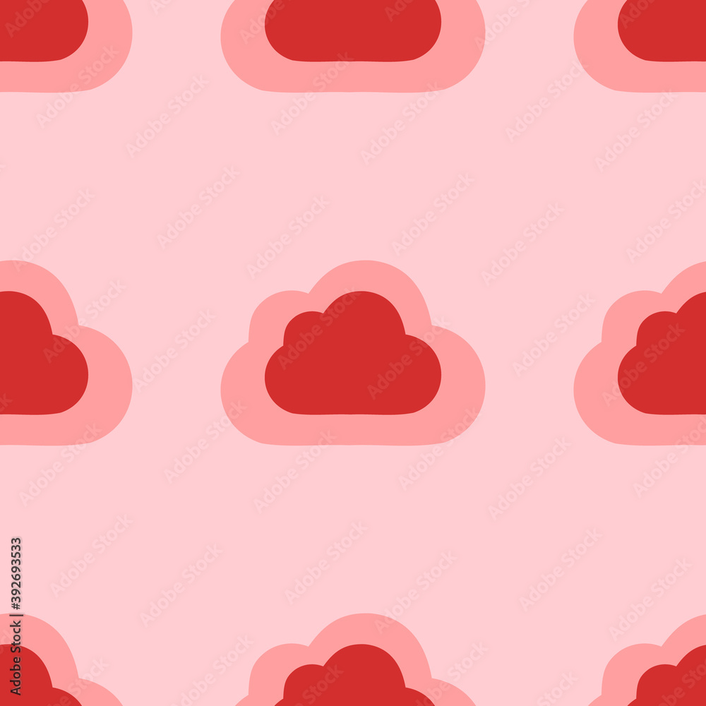 Seamless pattern of large isolated red cloud symbols. The elements are evenly spaced. Vector illustration on light red background