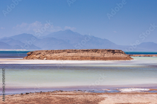 Salt lake Island in Lac Asal, Danakil depression, second lowest depression on earth, Djibouti, East Africa