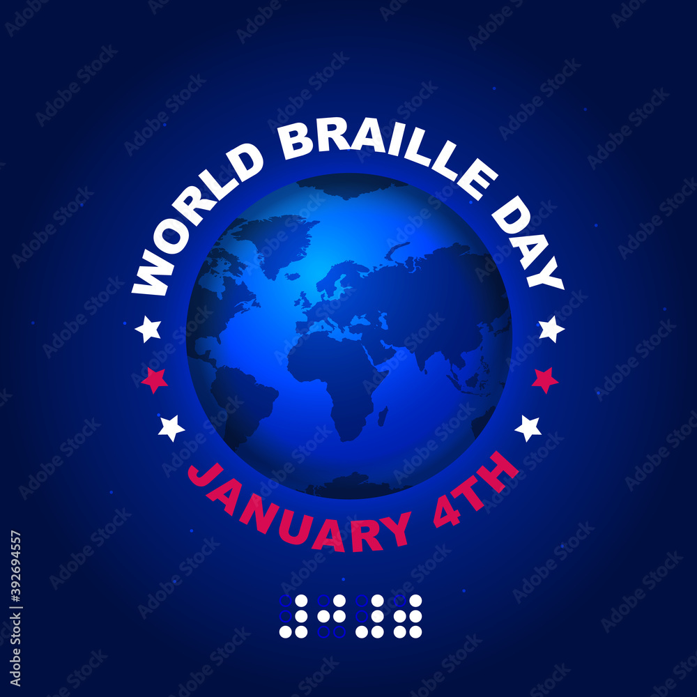 Banner with a globe in space with text in a circle, World braille day, january 4th th, 2021. Vector, illustration