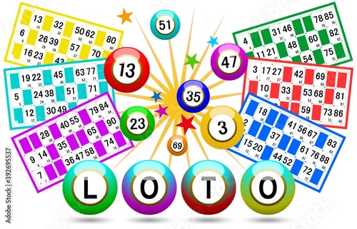 Boules et cartes de loto multicolores sur fond blanc 