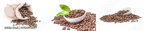Group of brown coffee beans over a white background
