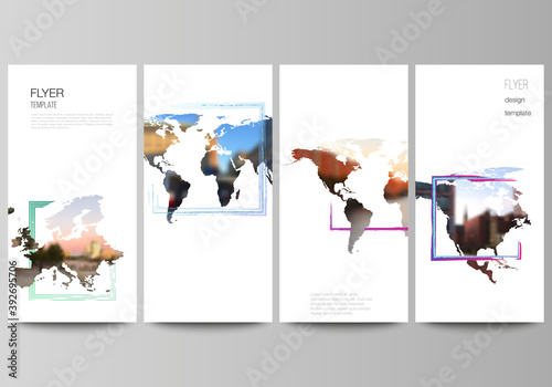 Vector layout of flyer, banner templates for website advertising design, vertical flyer design, website decoration. Design template in the form of world maps and colored frames, insert your photo.