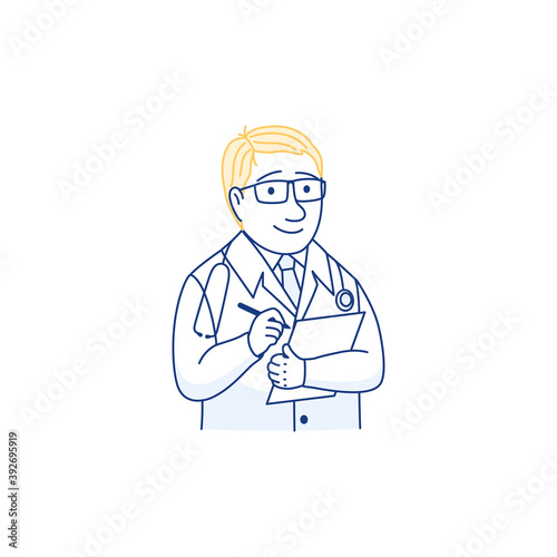 Thin line doctor portrait with clipboard avatar isolated on white background. Flat male young physician check up with stethoscope and checklist. Outline medical character vector illustration.