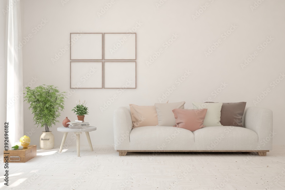 Fototapeta premium White living room with sofa. Scandinavian interior design. 3D illustration