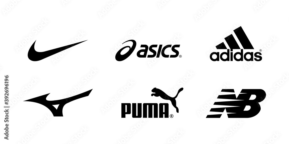 Nike, Asics, Adidas, Mizuno, Puma, New balance - logos of sports equipment  and sportswear company. Kyiv, Ukraine - November 15, 2020 Stock ベクター |  Adobe Stock