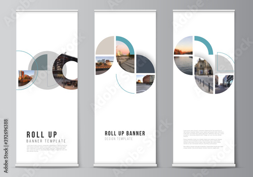 Vector layout of roll up mockup design templates for vertical flyers, flags design templates, banner stands. Background with abstract circle round banners. Corporate business concept template.