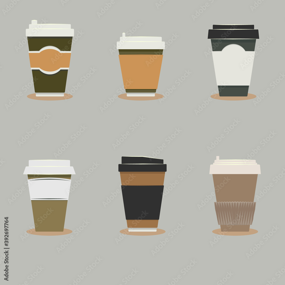 Vector illustration in flat style. Set of coffee cups. Disposable plastic and paper cup mockup.