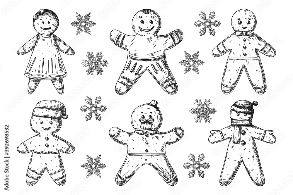 Set of different gingerbread men isolated on white background. Sketch Set of different gingerbread men isolated on white background. Sketch
