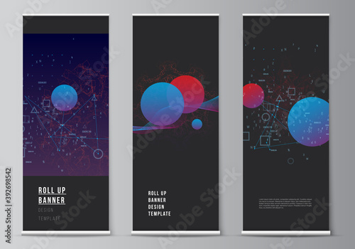 Vector layout of roll up mockup templates for vertical flyers, flags design templates, banner stands, advertising. Artificial intelligence, big data visualization. Quantum computer technology concept.
