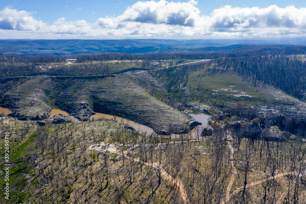 Aerial view of forest regeneration and a water reservoir in regional Australia