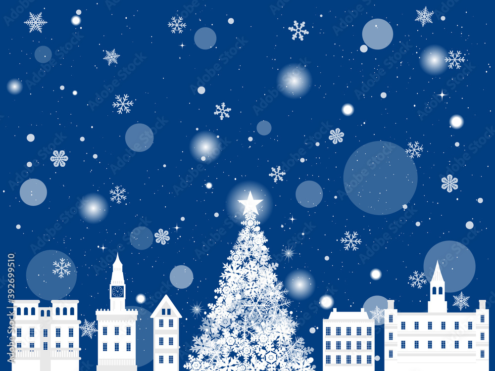 クリスマス　雪の降る洋風の街　風景イラスト　青色