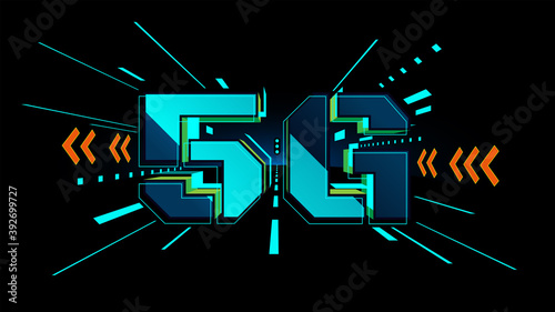 5G network conceptual vector design on black background. Logo for fifth generation broadband technology. 3d looking vector illustration on modern flat colours. Abstract design for speed. 