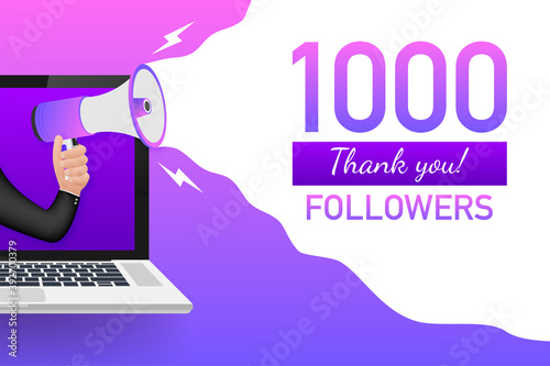 1000 Followers thank you card with laptop Template for social media post. 1K subscribers vivid banner. Vector illustration.