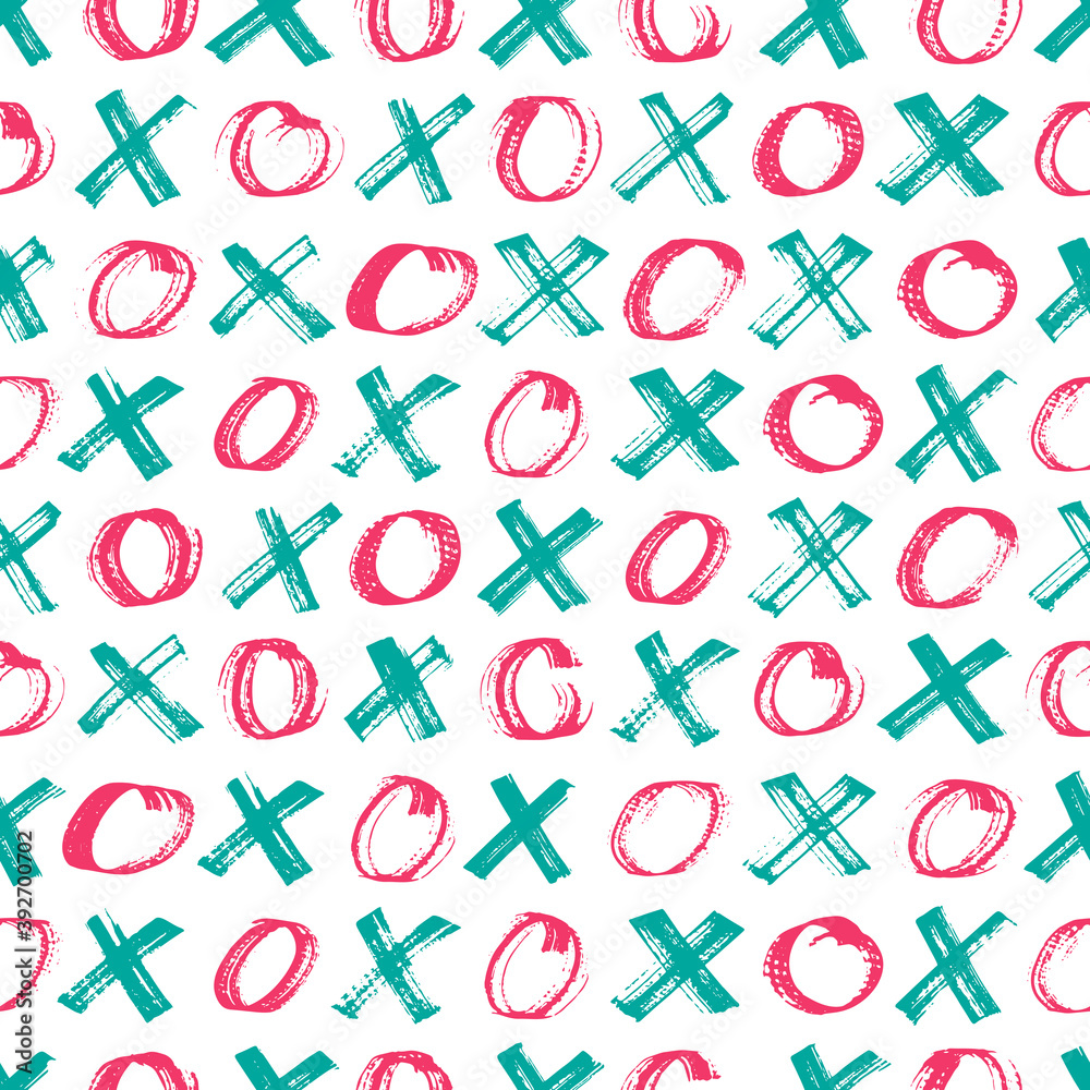 Hand painted background with cross marks and circles. Tic Tac toe game seamless pattern. Vector illustration