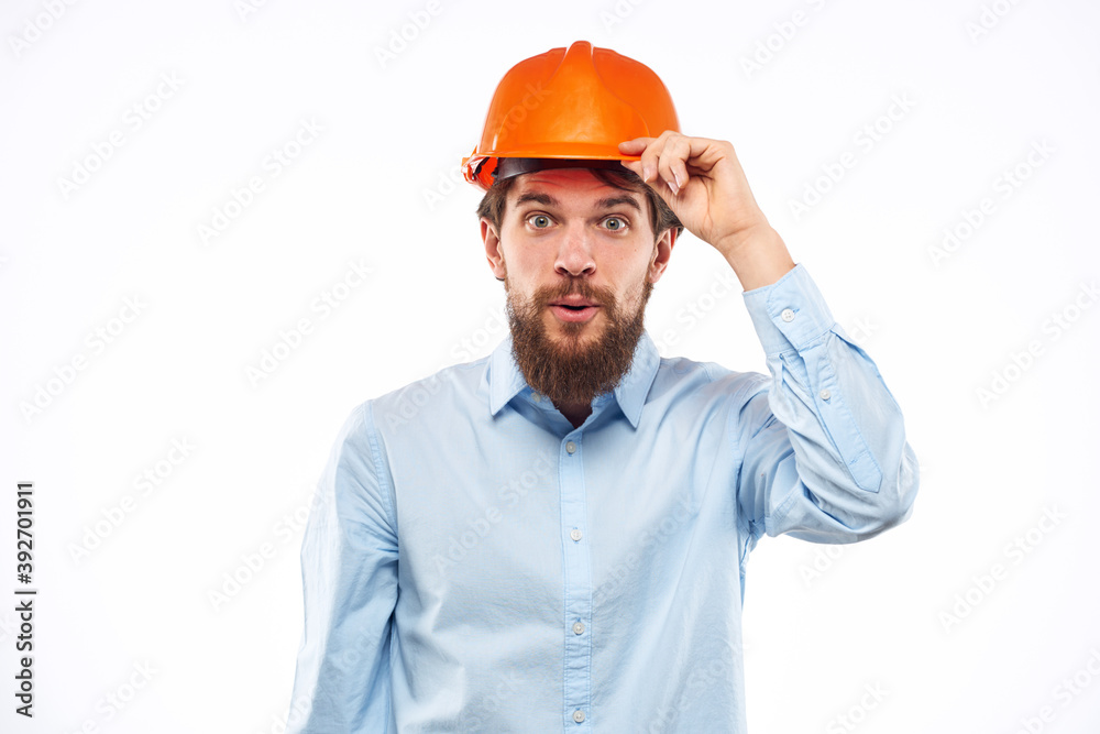 Emotional man in orange paint construction industry work lifestyle Emotional man in orange paint construction industry work lifestyle