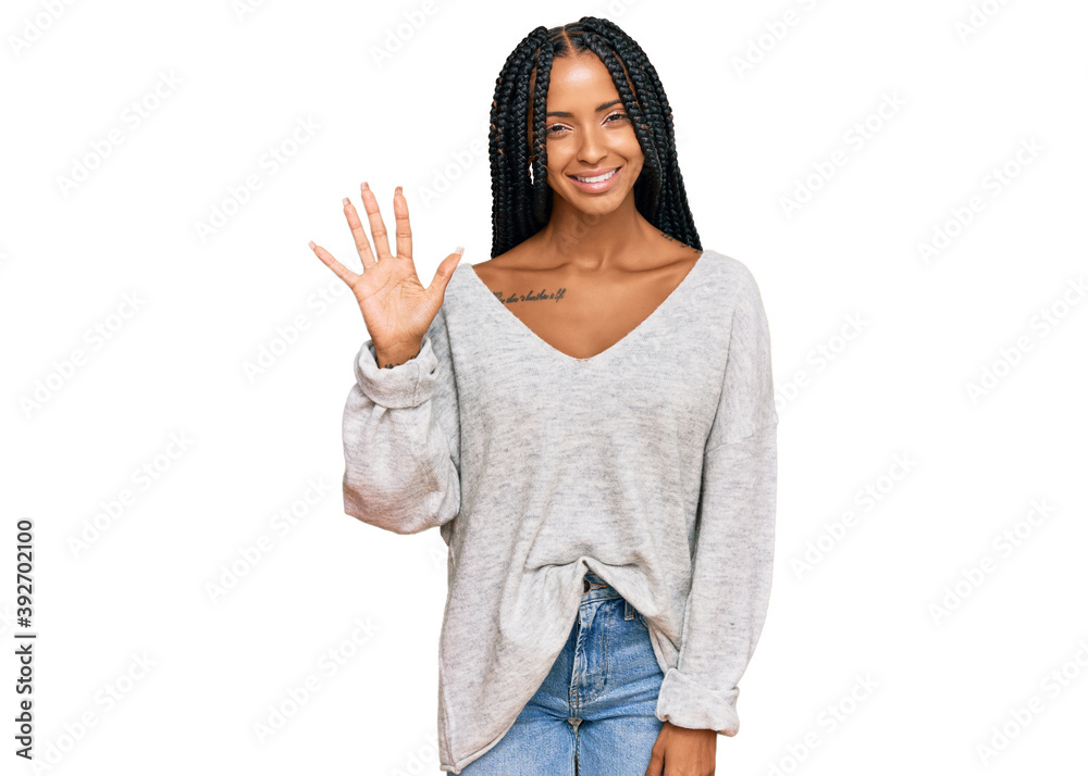 Beautiful hispanic woman wearing casual clothes showing and pointing up with fingers number five while smiling confident and happy. Beautiful hispanic woman wearing casual clothes showing and pointing up with fingers number five while smiling confident and happy.