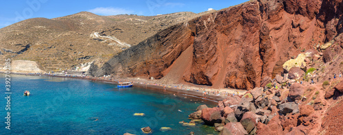 Panoramic view of The Red Beach on Santorini Island - one of the most scenic beaches in the world. Cyclades, Greece