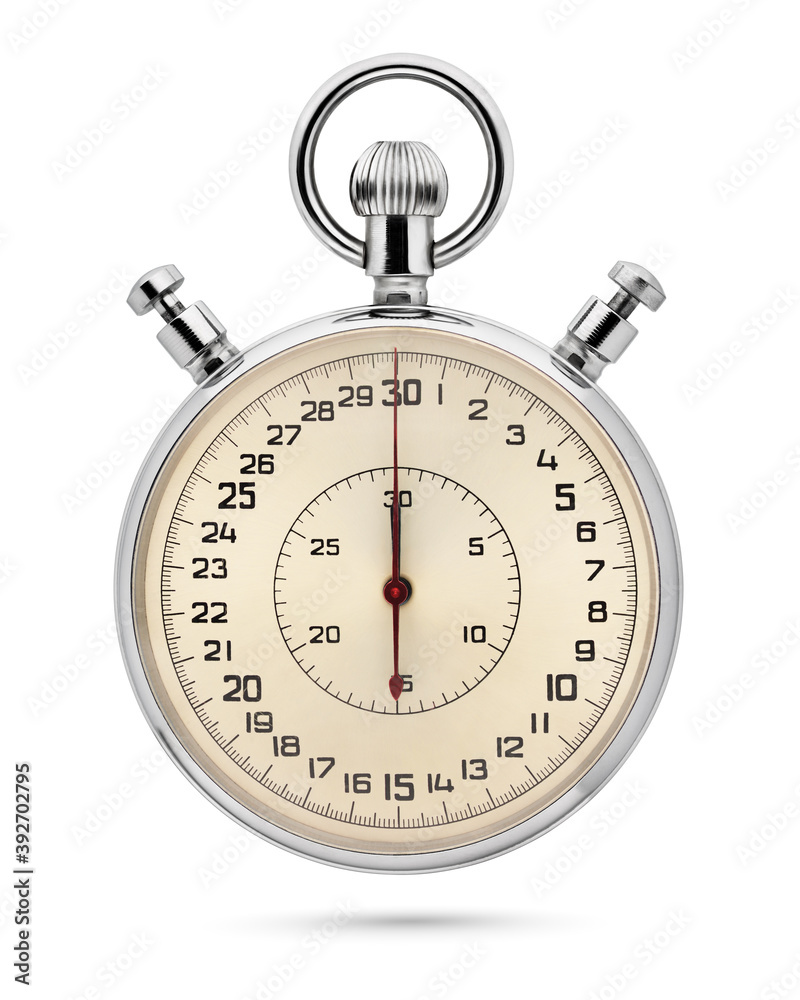 Mechanical analog stopwatch isolated on white background.