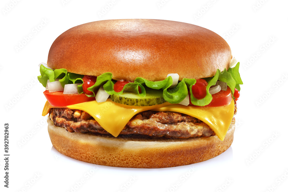 Cheeseburger isolated on white background. Sesame free bun. - obrazy, fototapety, plakaty 
