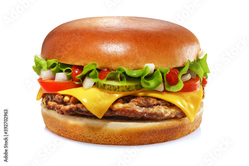 Photographie Cheeseburger isolated on white background. Sesame free bun.