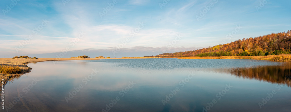 Panorama of the beautiful bay of the Baltic Sea in the resort village of Yantarny.