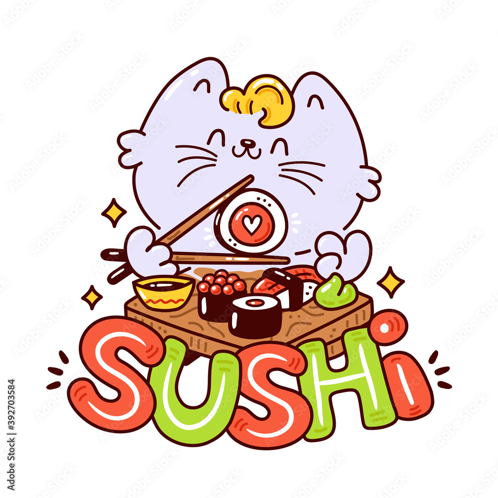 Cute happy smiling cat eat sushi logo