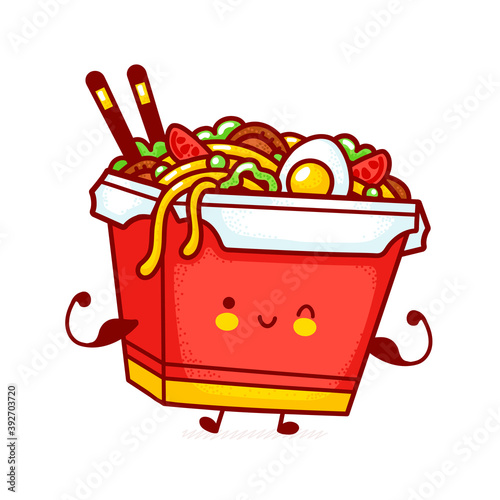 Cute funny happy wok noodle box character