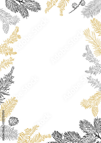 Poster or frame with empty space for your text. Vector Background with golden, gray, and black branches of Christmas tree.