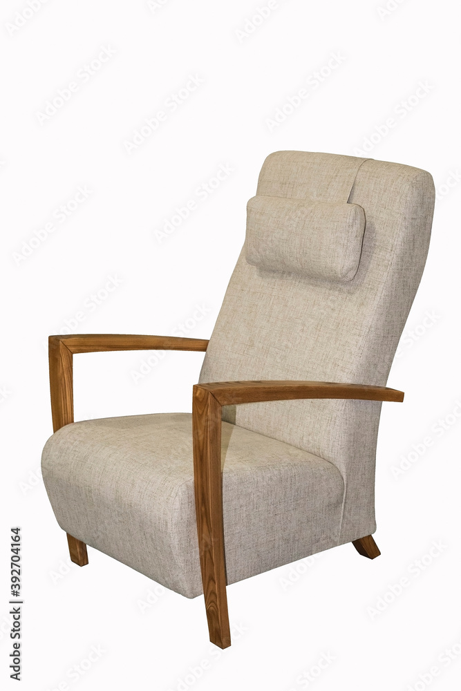 Naklejka premium Comfortable gray armchair with wooden armrests on white background. Interior element