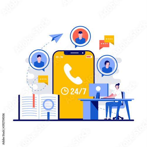 Customer support concept with character. Technical support engineer with computer at work. Call center, helpline, hotline, telemarketing business. Modern flat illustration for landing page