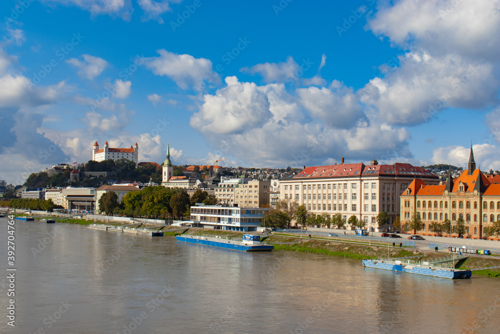 Bratislava, City view, castle from the Danube river.
