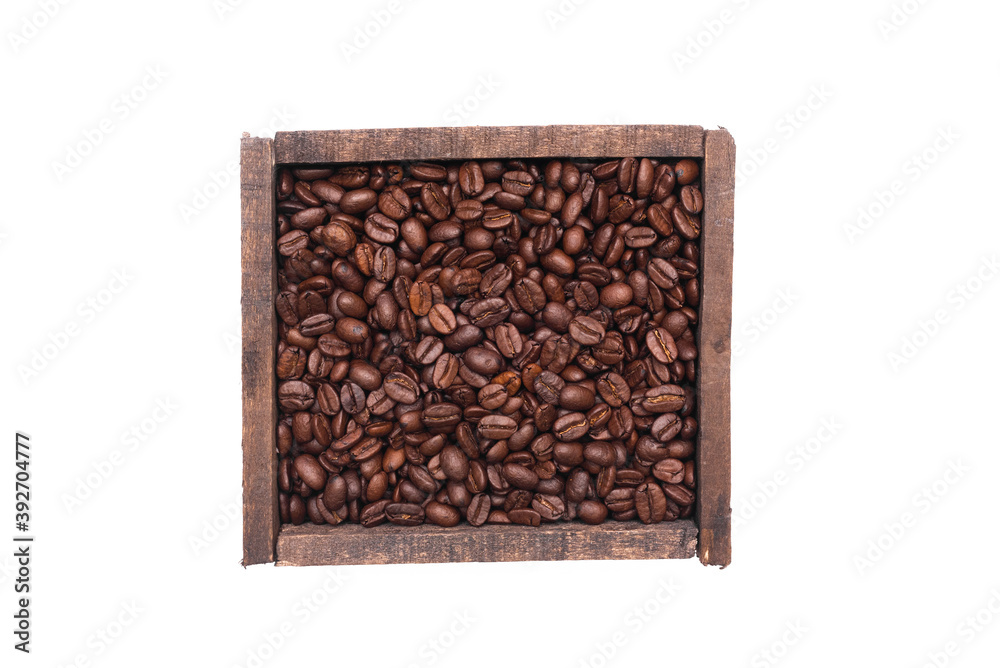 Coffee beans in the wooden container box isolated on the white background. Coffee beans in the wooden container box isolated on the white background.